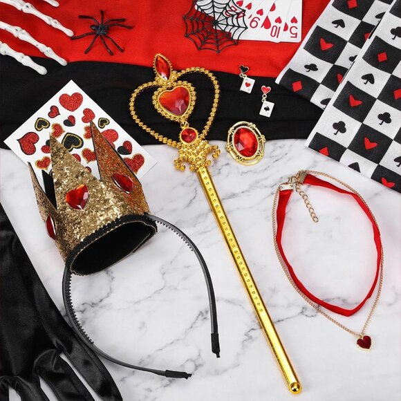 Queen of Hearts Costume Set for Women Red and Black Includes Cloak Crown - Picture 7 of 7